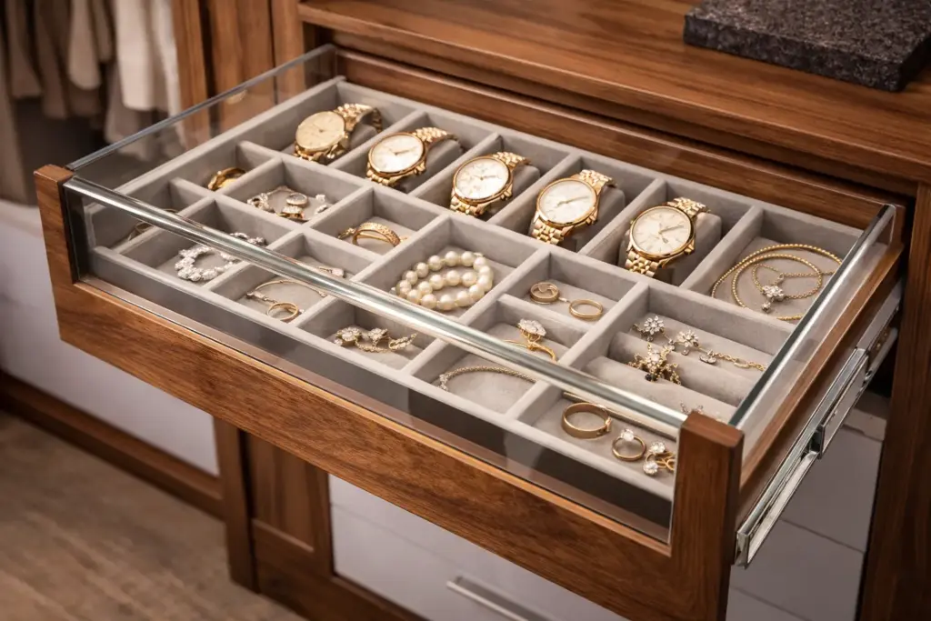 Cajón joyero con tapa de vidrio y divisiones de terciopelo para relojes y anillos.