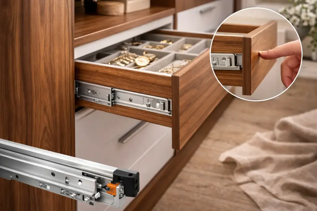 Corredera de cajón con sistema de cierre suave instalada en closet de madera.