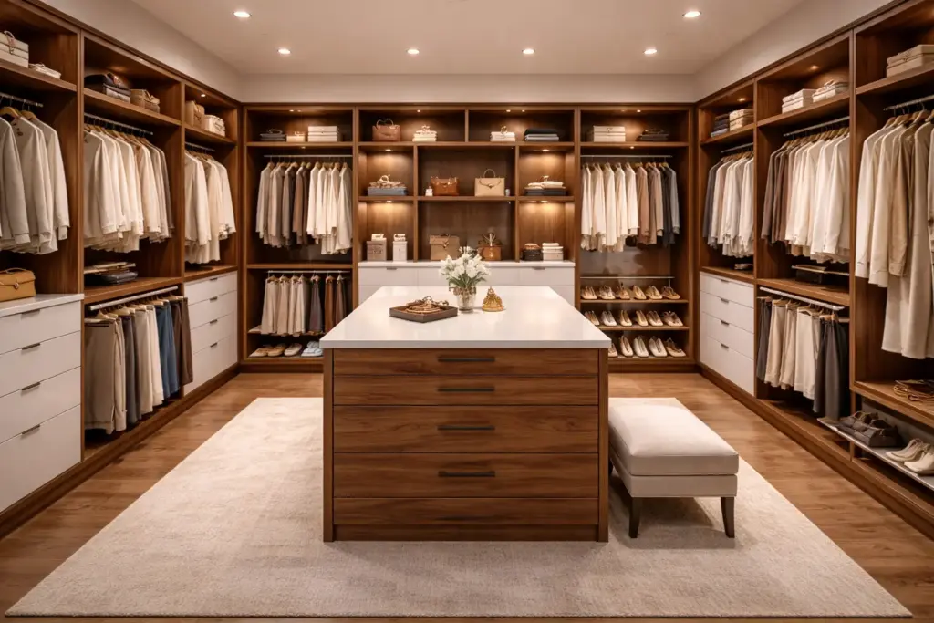 Diseño de vestidor walking closet moderno con isla central, iluminación LED y puertas de vidrio en residencia de CDMX.